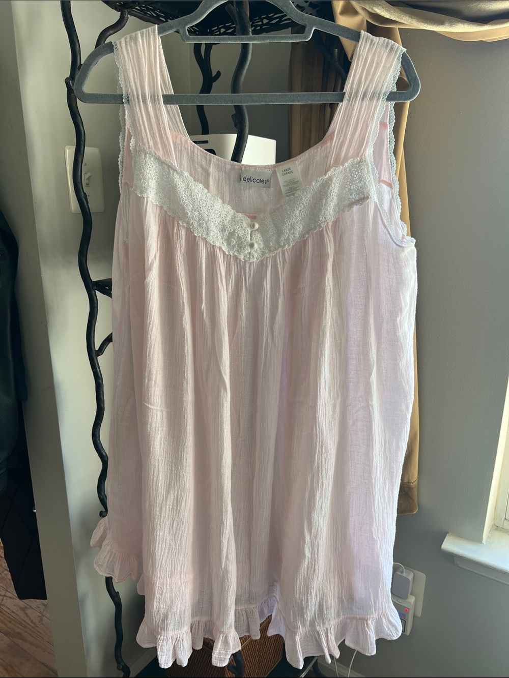 Delicates Pink Cotton Gauze Lace Nightgown L Cottagecore Coquette Boho Romantic